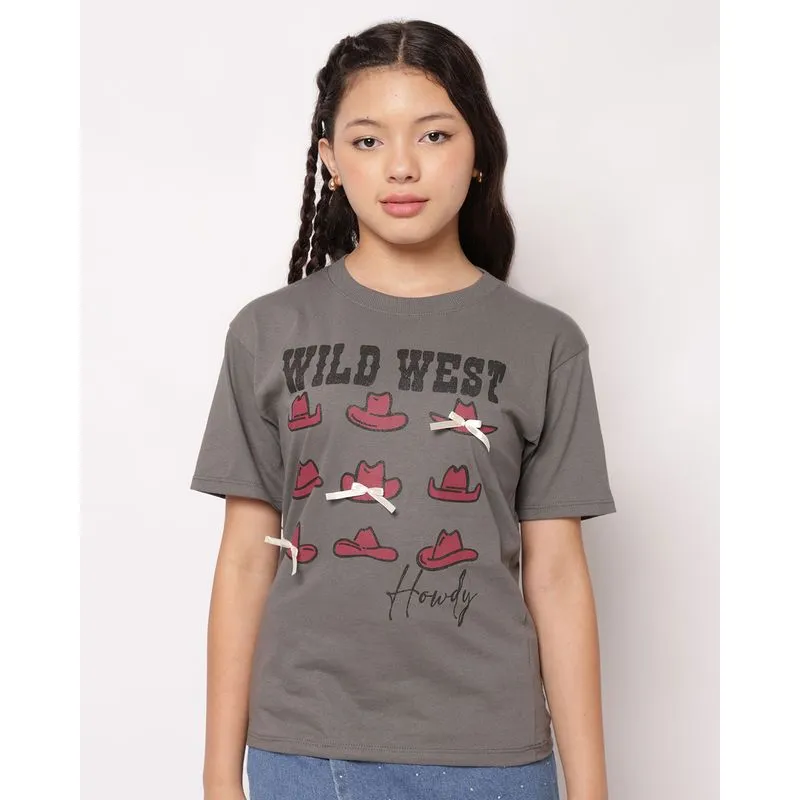 Camiseta Juvenil Algodão Estampa Wild West Manga Curta Cinza 16