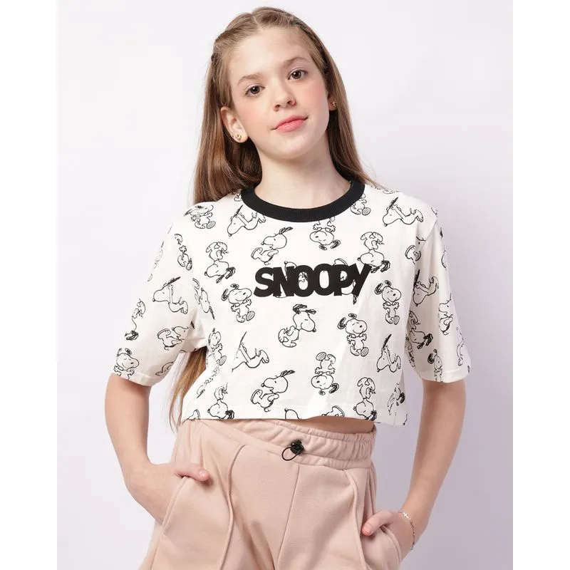 Camiseta Juvenil Snoopy Cropped Estampada Off White 12
