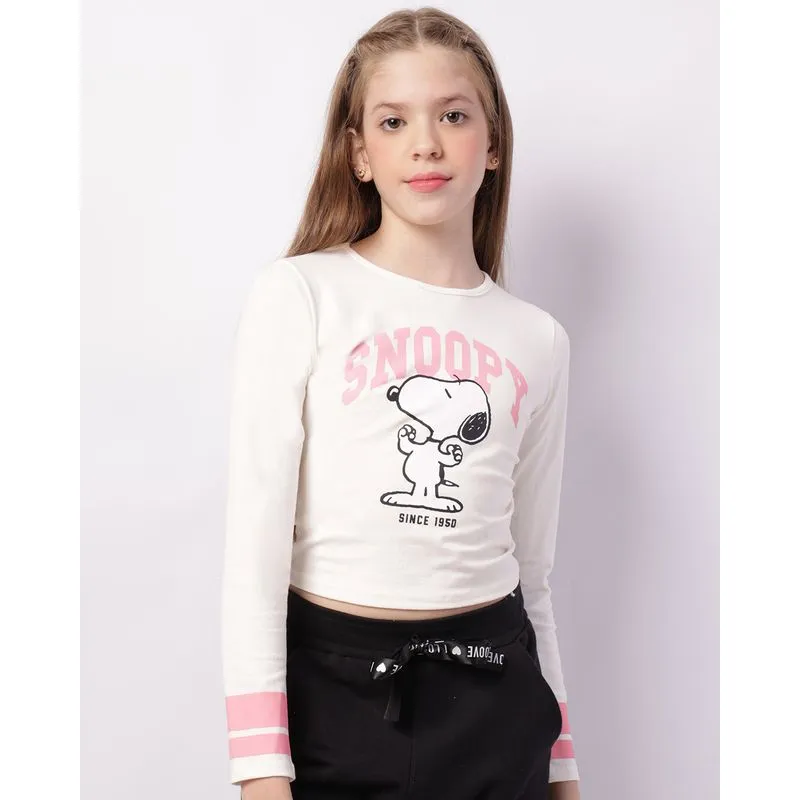 Blusa Juvenil Snoopy Manga Longa Cropped Off White 10