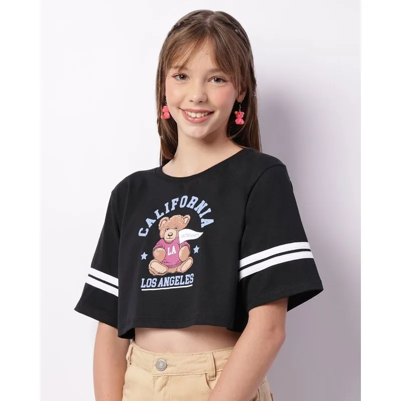 Camiseta Juvenil Cropped Estampa Ursinho Preta 16