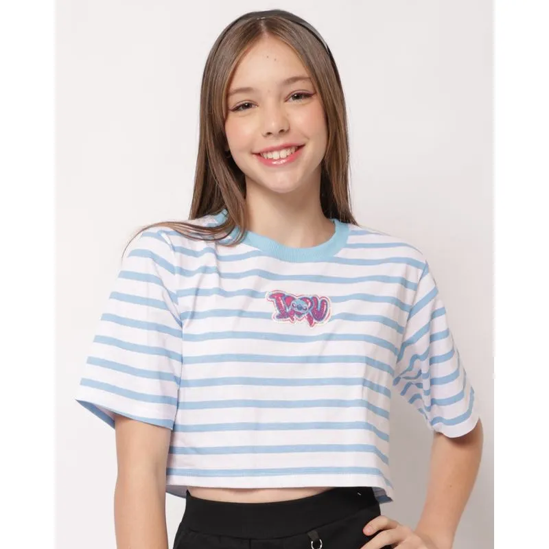 Camiseta Juvenil Cropped Disney Stitch Listrada Azul 12