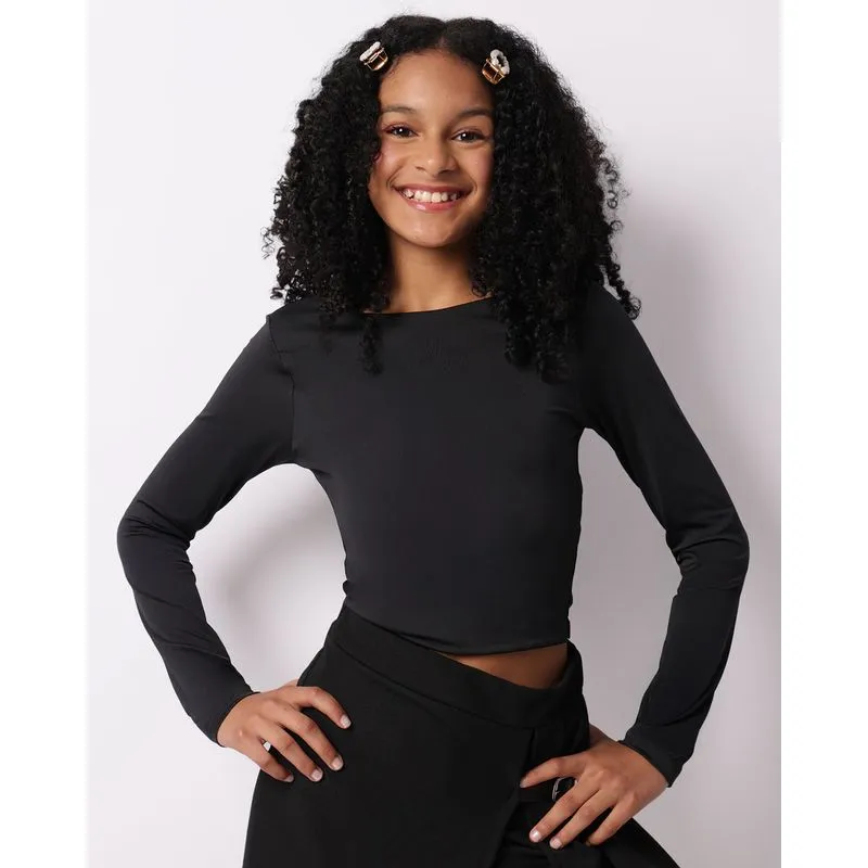 Blusa Juvenil Manga Longa Suplex Decote Canoa Preta 14