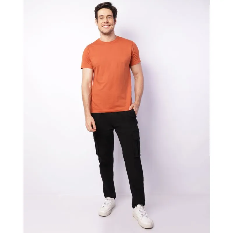 Calça Masculina Sarja Reta Elástico Bolso Cargo Preta 48