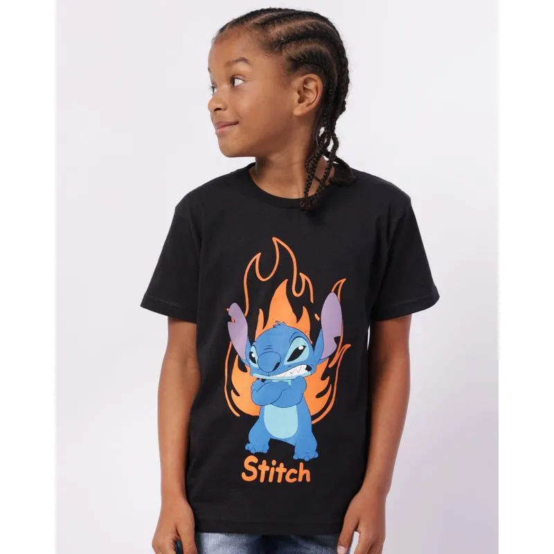 Camiseta Infantil Algodão Disney Stitch Manga Curta Preta 10
