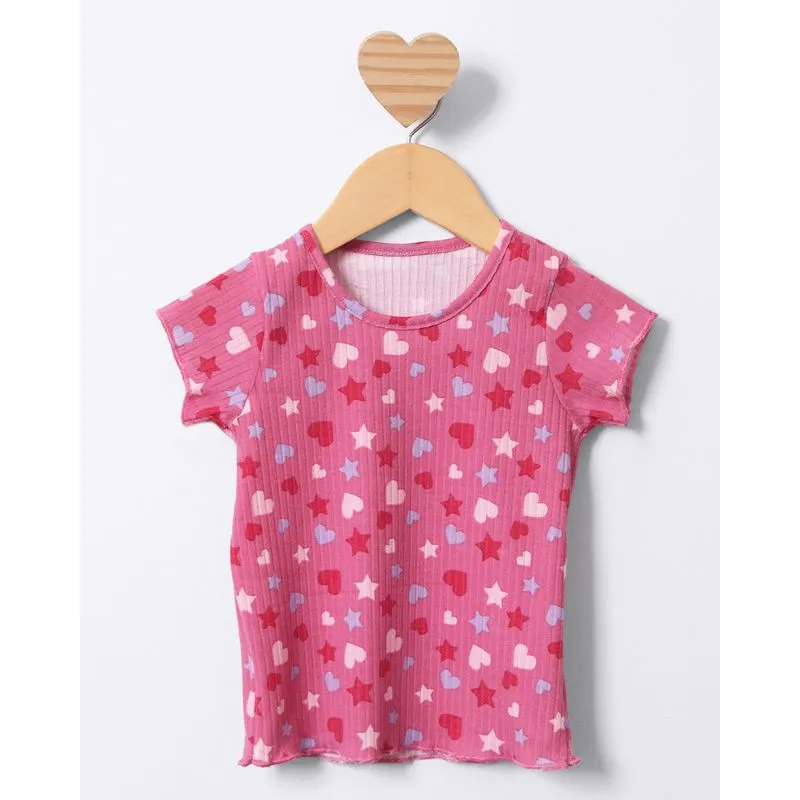 Blusa Bebê Canelada Manga Curta Estampada Rosa 3