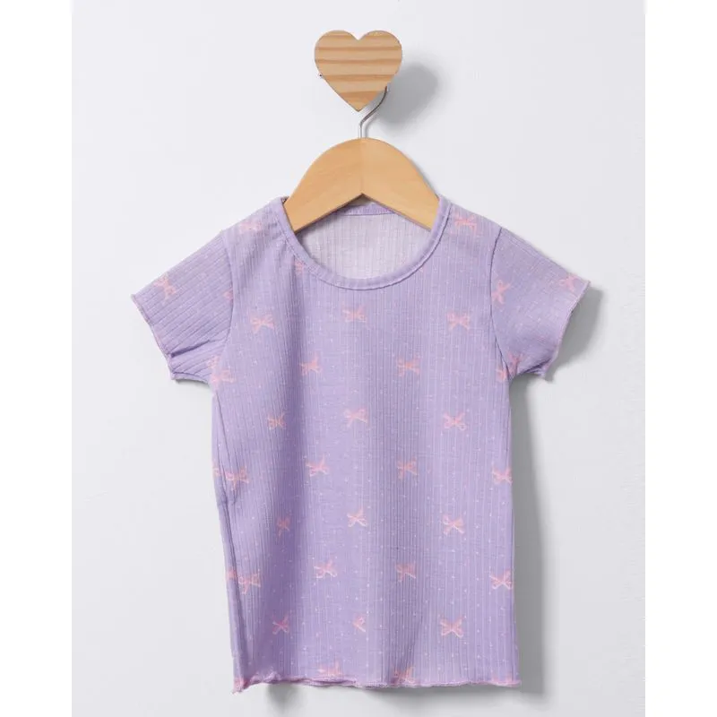 Blusa Bebê Manga Curta Canelada Estampada Laços Lilás 2