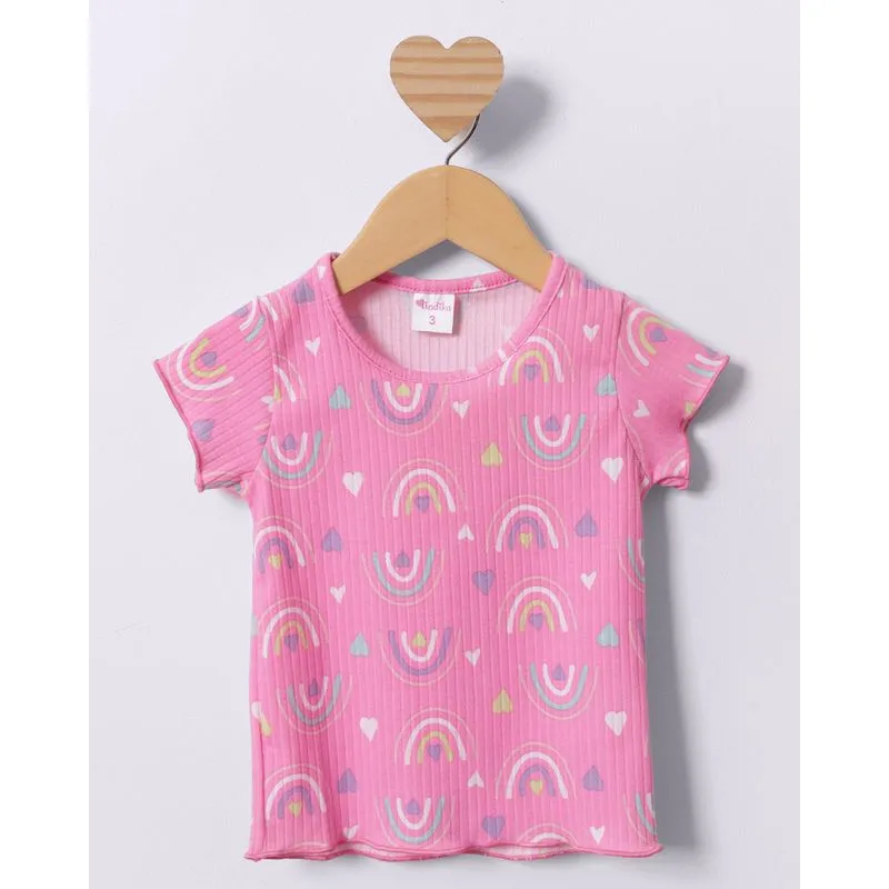 Blusa Bebê Canelada Manga Curta Estampada Arco-íris Rosa 1