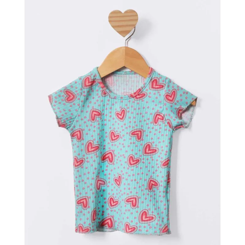 Blusa Bebê Canelada Manga Curta Estampada Coração Verde 2