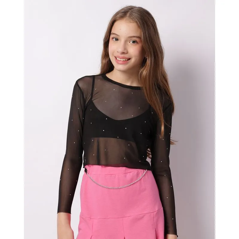 Blusa Juvenil Cropped Tule Aplicação Strass Preta 10
