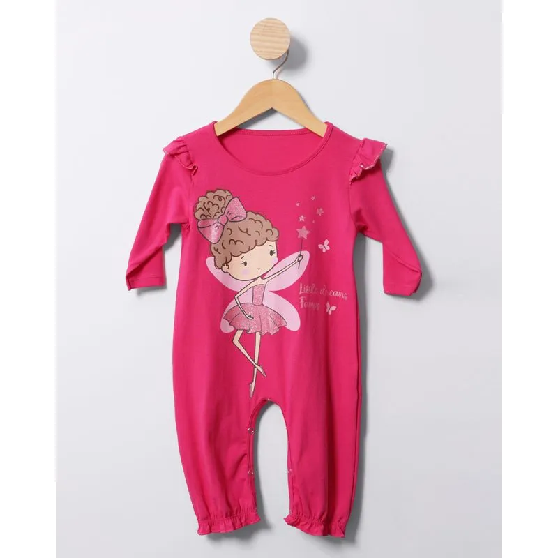 Macacão Bebê Longo Estampa Fada Bailarina Com Glitter Rosa P