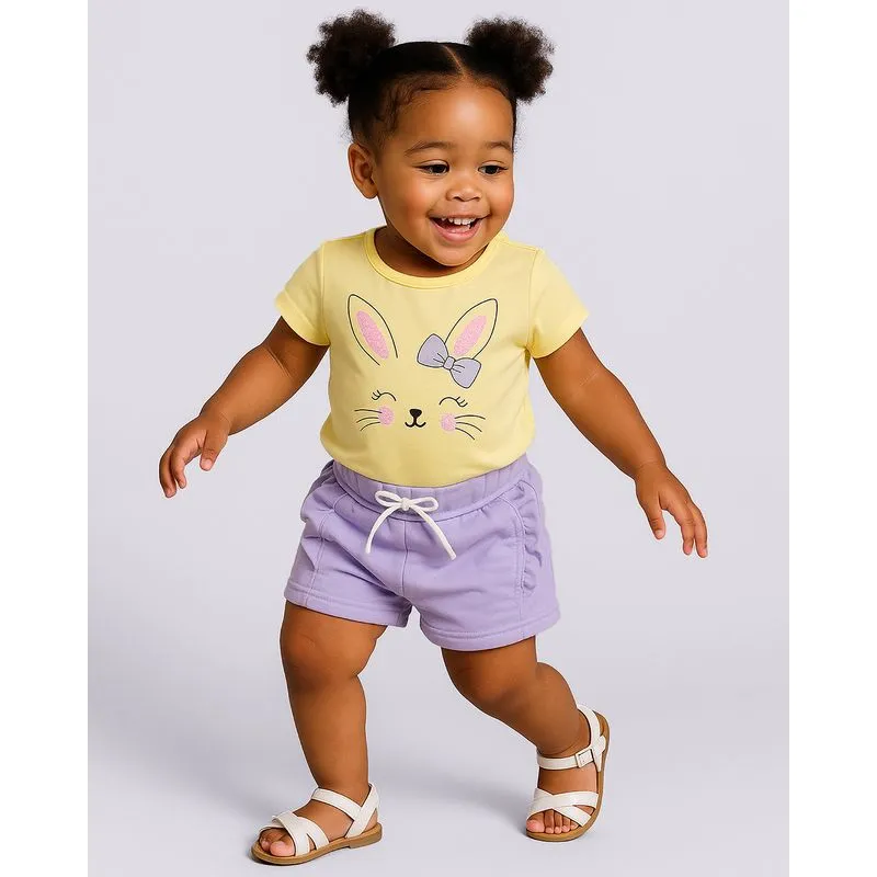 Conjunto Bebê Curto Algodão Estampa Coelho com Paetê Amarelo 2
