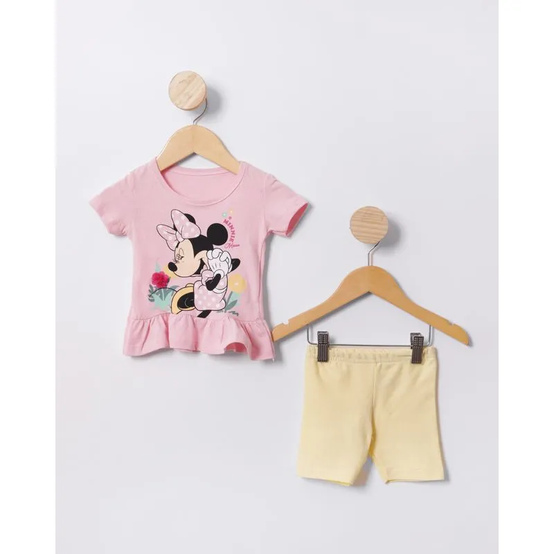 Conjunto Bebê Curto Disney Minnie Com Badado Aplicação Rosa G