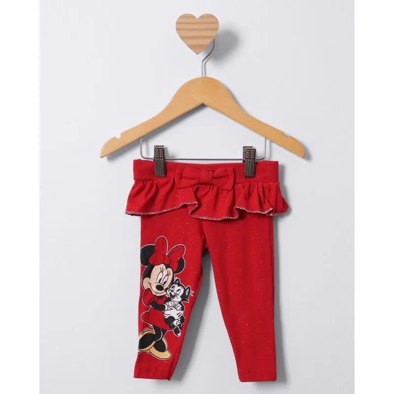 Calça Legging Bebê Disney Minnie Com Glitter Babados Vermelha G