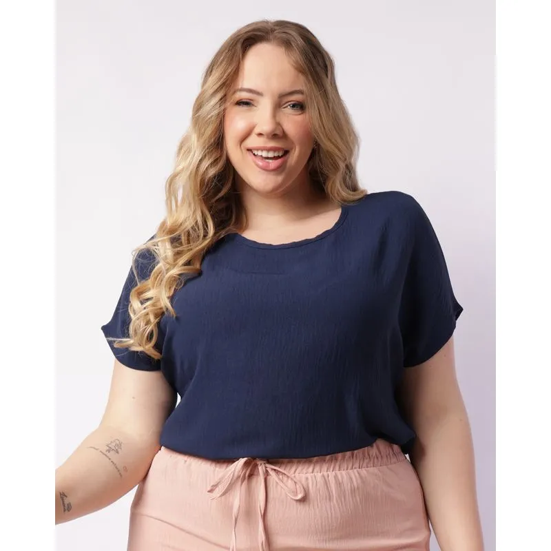 Blusa Plus Size Feminina Manga Curta Marinho G2