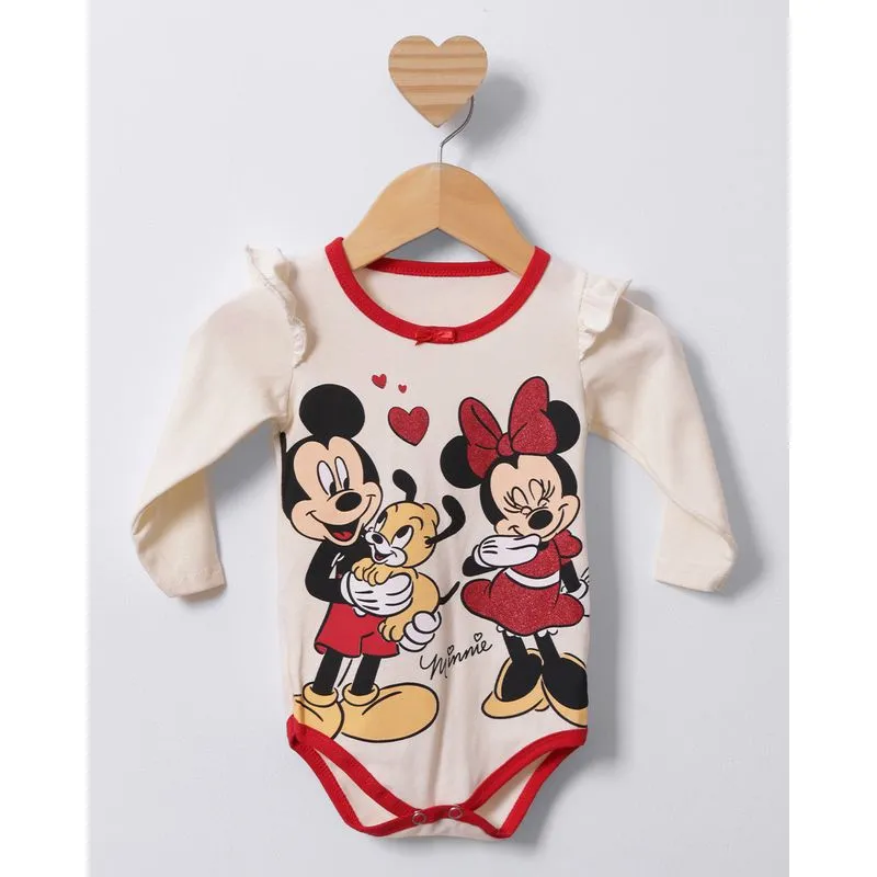Body Bebê Manga Longa Disney Minnie E Mickey Off White G