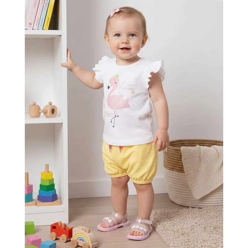 Conjunto Bebê Curto Texturizado Estampa com Glitter Branco P