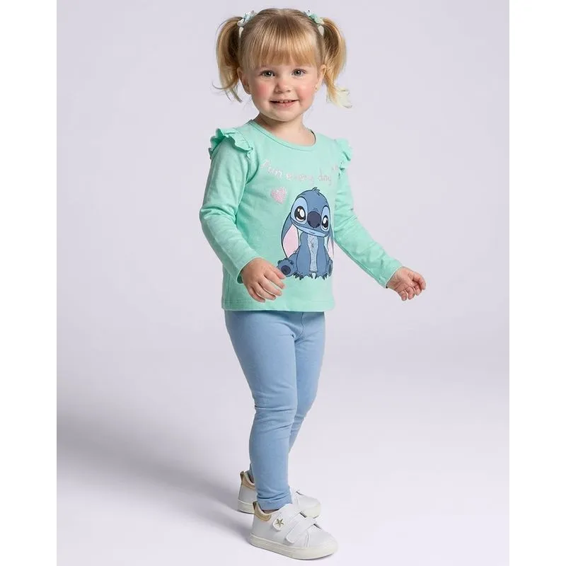 Camiseta Bebê Disney Stitch Manga Longa com Babado Verde 3