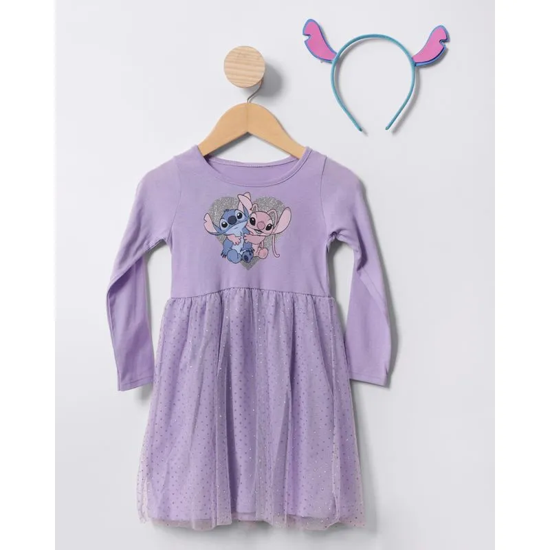 Vestido Bebê Disney Stitch Glitter Com Sobreposição Tule + Tiara Lilás 3