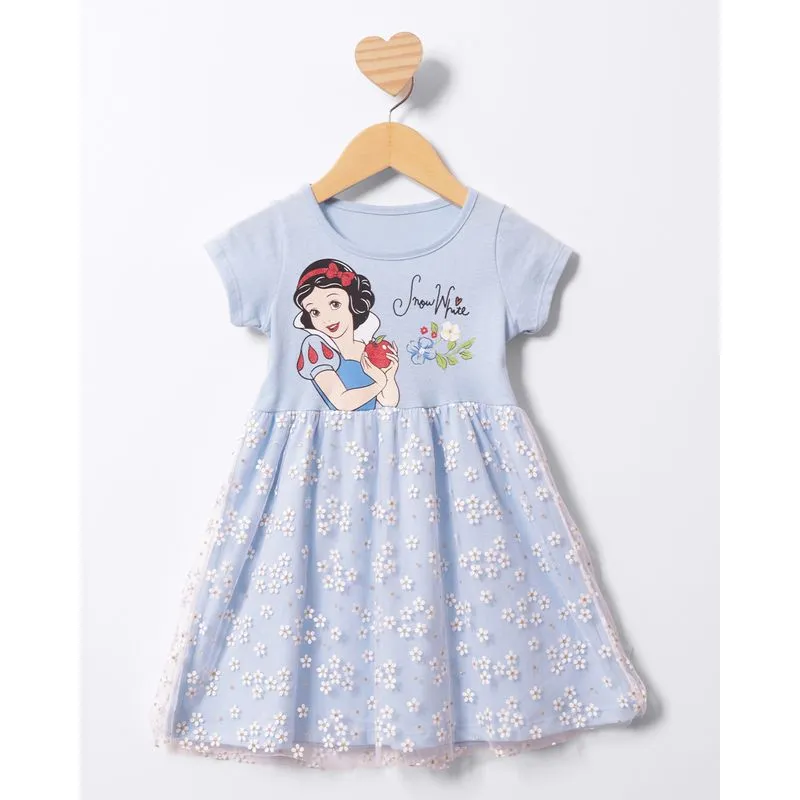 Vestido Bebê Curto Disney Branca De Neve Sobreposição Tule Azul 3