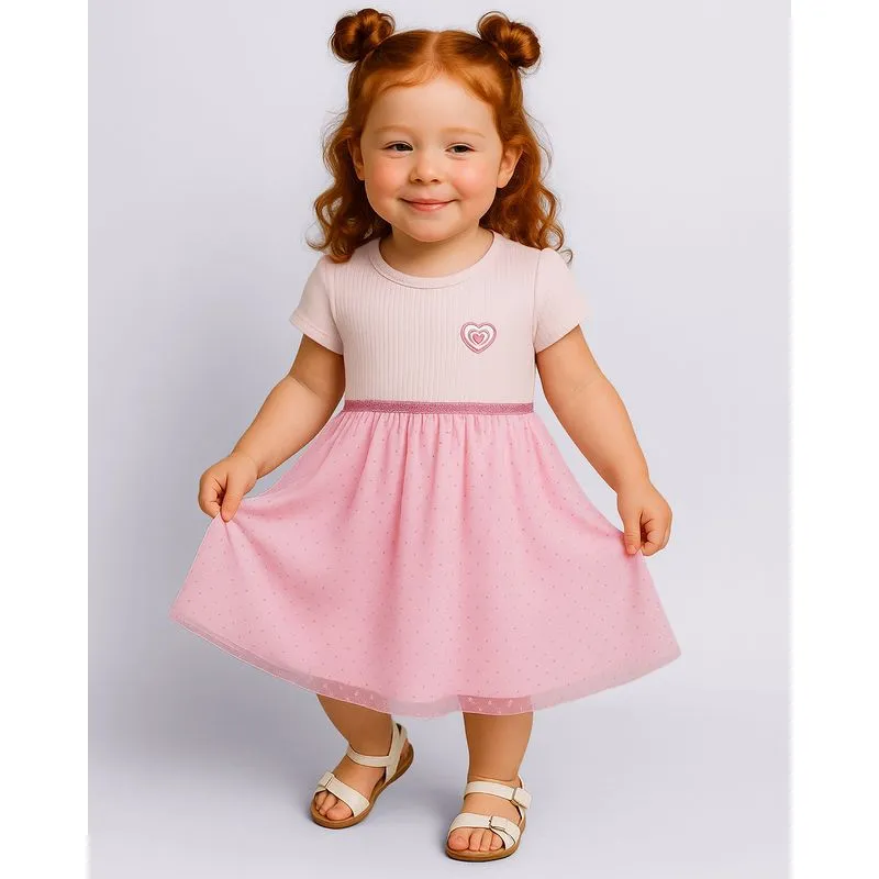 Vestido Bebê Curto Canelado com Tule e Glitter Rosa 2