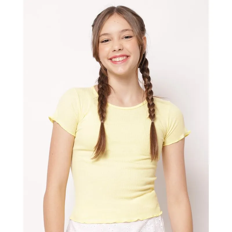 Blusa Juvenil Canelada Frufru Manga Curta Amarela 16