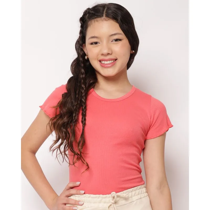 Blusa Juvenil Canelada Frufru Manga Curta Rosa 14