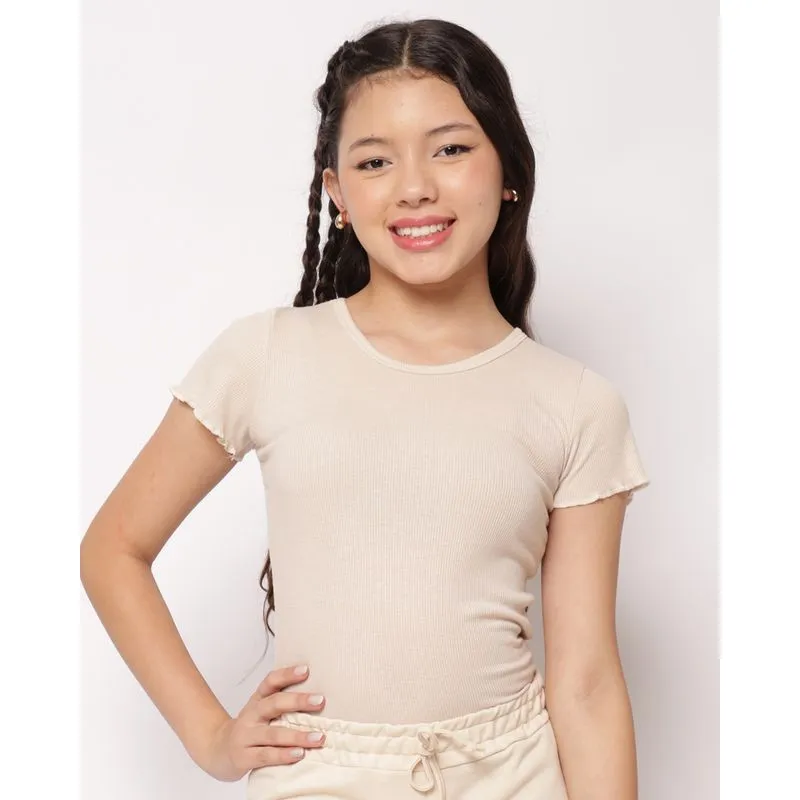 Blusa Juvenil Canelada Manga Curta Frufru Bege 12