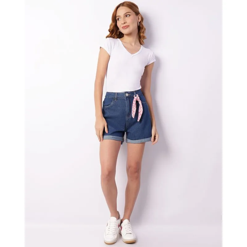 Short Jeans Feminino Com Lenço Flores Azul 46
