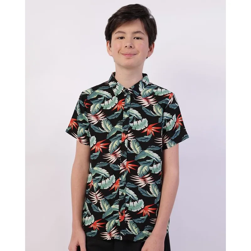 Camisa Juvenil Viscose Manga Curta Estampada Floral Preta 12