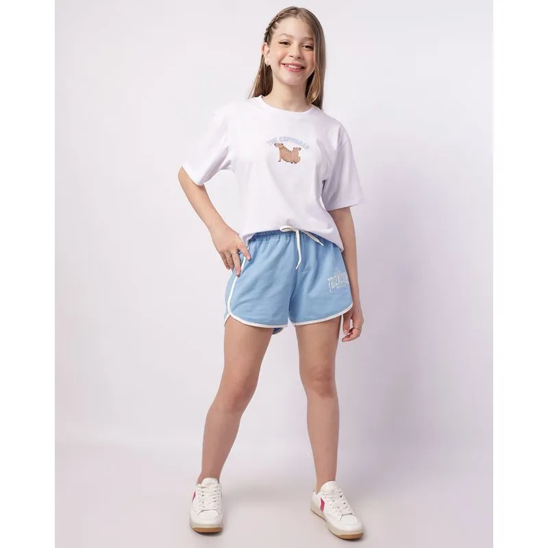 Short Juvenil Moletinho Curto com Cordão Lurex Azul 10