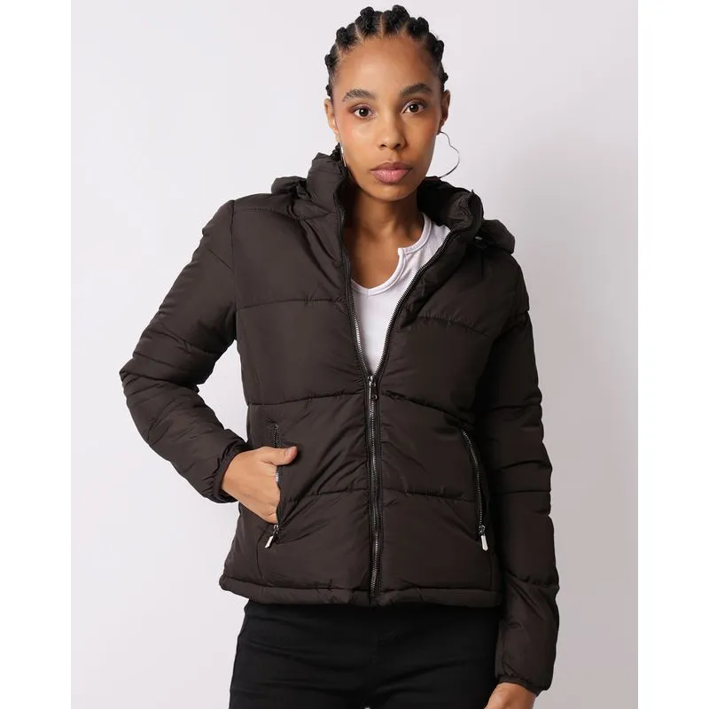 Jaqueta Feminina Puffer Com Capuz Removível Bolsos Preto P