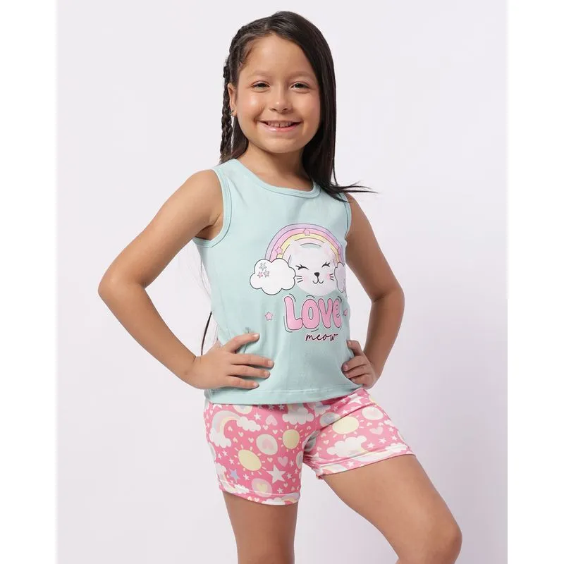 Conjunto Infantil Curto com Estampa Gatinho Verde 6