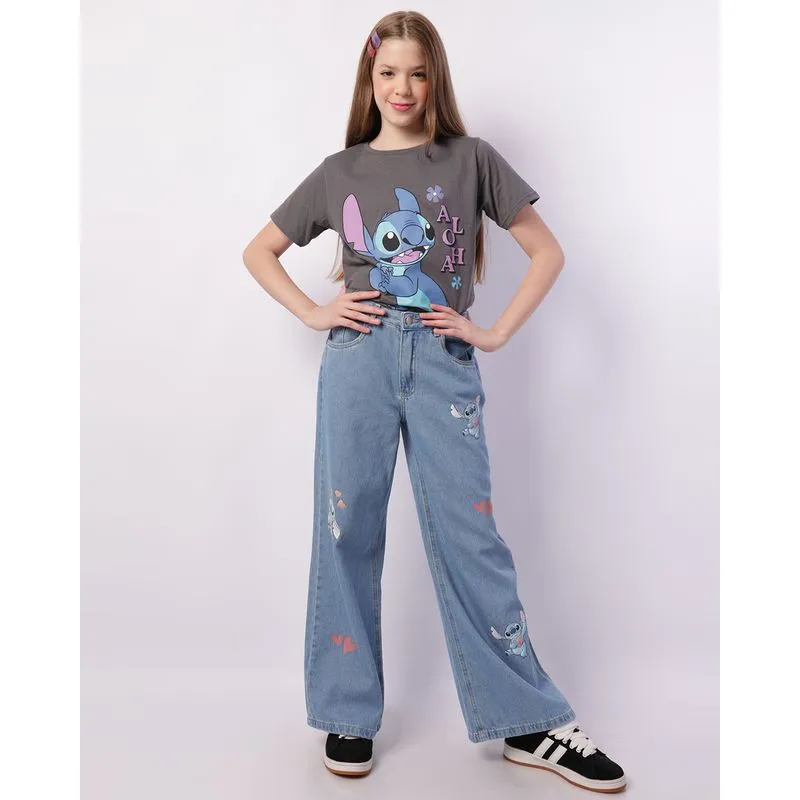 Calça Jeans Juvenil Wide Leg Disney Stitch com Bolsos Azul 12
