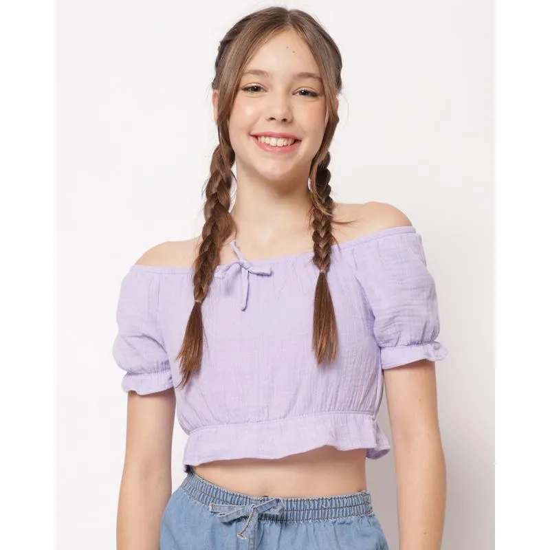 Blusa Juvenil Cropped Algodão Berry & Co. Texturizada Ciganinha Lilás 12
