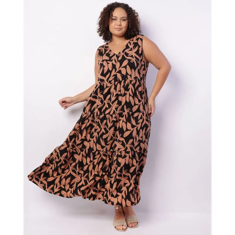 Vestido Plus Size Feminino Berry & Co. Viscose Estampado Preto G2