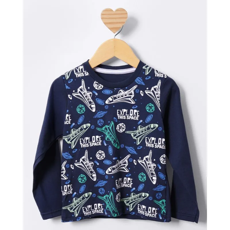 Camiseta Bebê Estampa Frontal Espaço Manga Longa Marinho 2