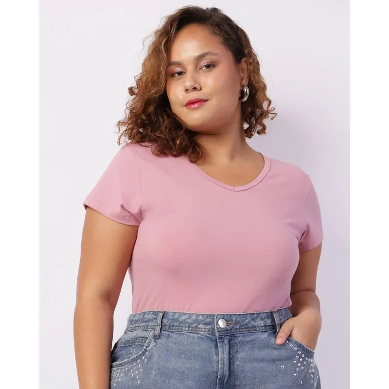 Blusa Plus Size Feminina Básica Manga Curta Rosa G3