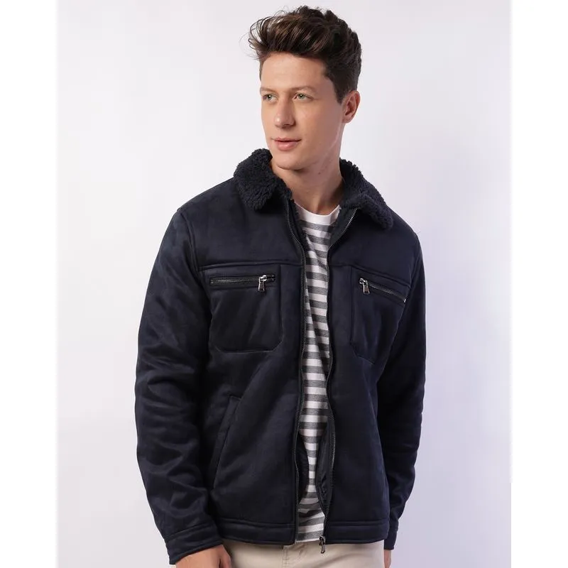 Jaqueta Masculina Suede Peluciado Com Bolsos Marinho M