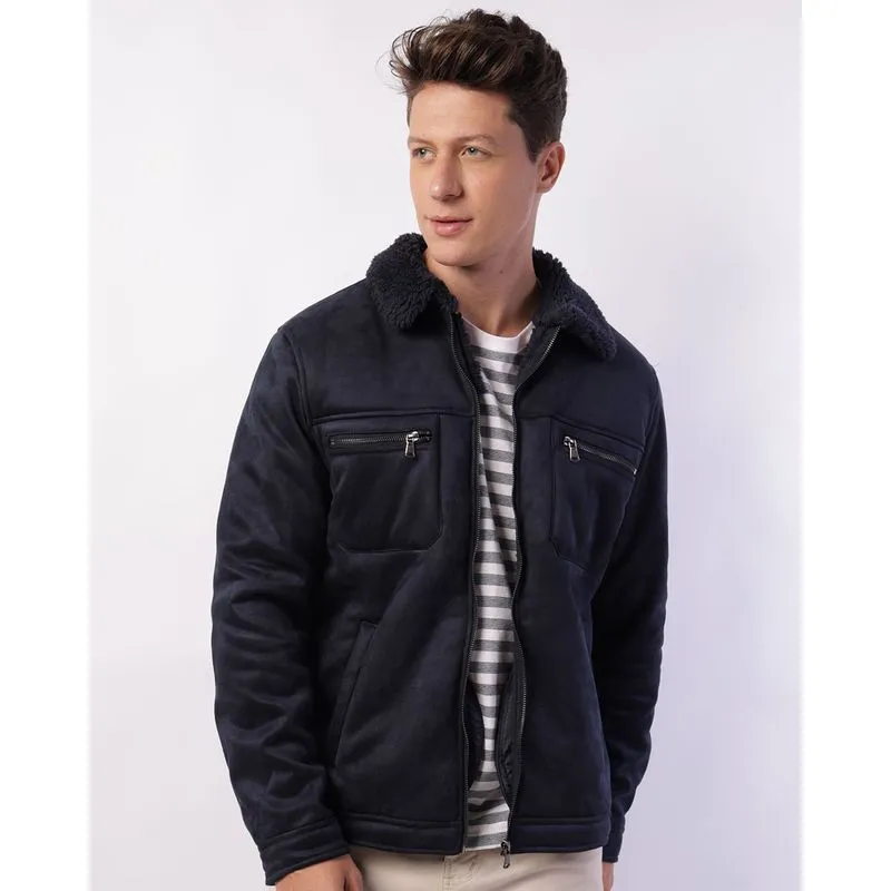 Jaqueta Masculina Suede Peluciado Com Bolsos Marinho G