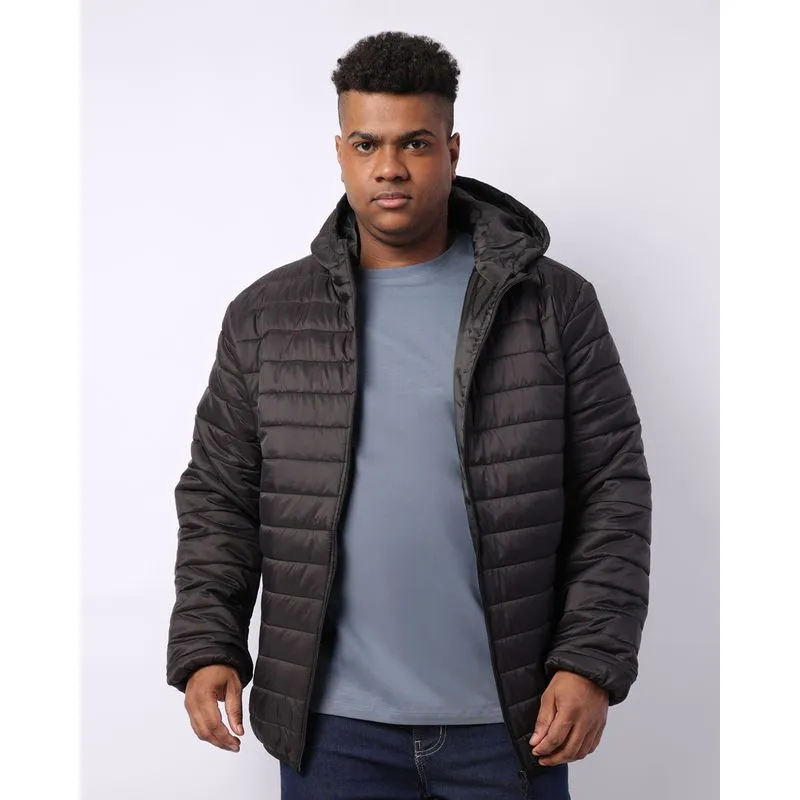 Jaqueta Plus Size Masculina Puffer Com Capuz Bolsos Preta G1