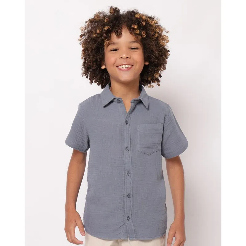Camisa Infantil Algodão com Bolso Manga Curta Azul 4