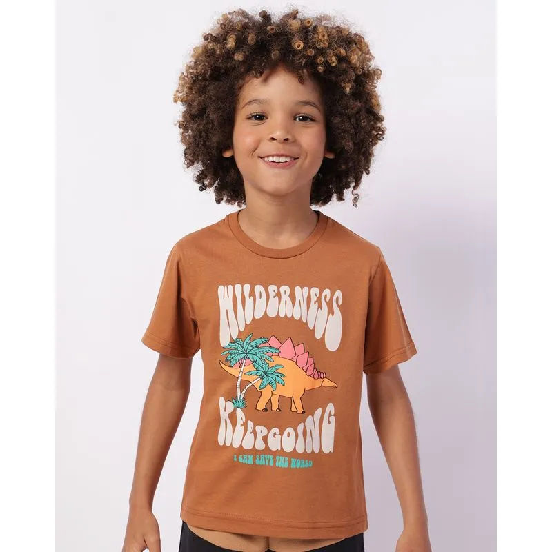 Camiseta Infantil Algodão Estampa Dinossauro Manga Curta Marrom 4