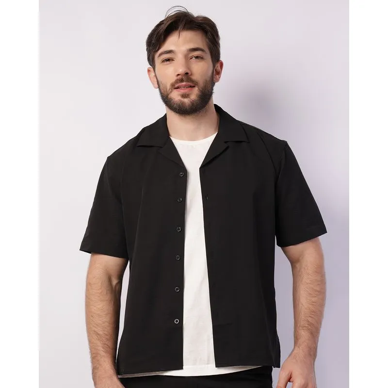 Camisa Masculina Texturizada Gola Cubana Manga Curta Preta P