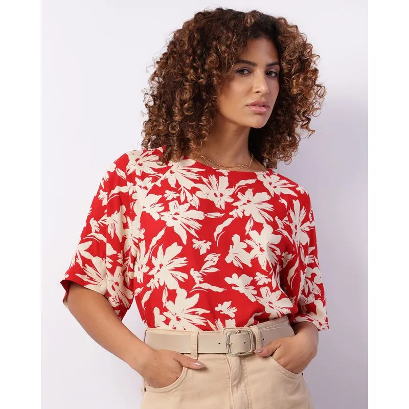 Blusa Feminina Berry & Co. Viscose Manga Curta Floral Vermelha M