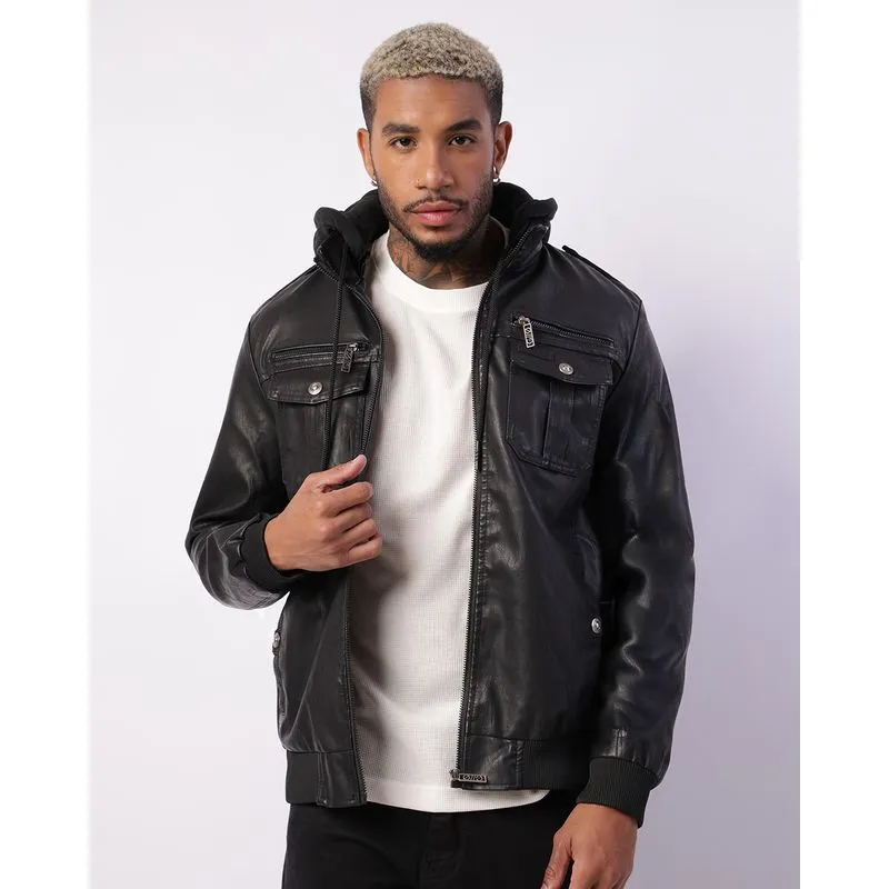 Jaqueta Masculina Gangster PU Com Capuz Removível Preta M