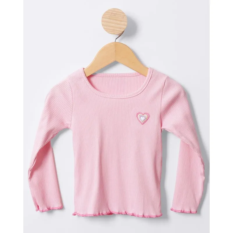 Blusa Bebê Manga Longa Canelada Bordado Coração Rosa 2