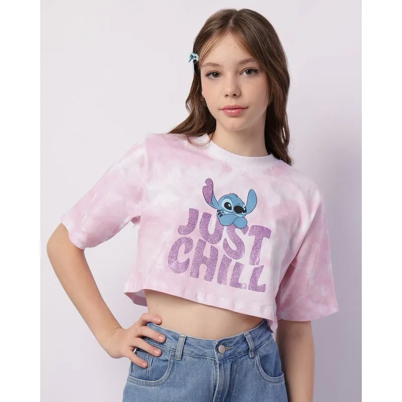 Camiseta Juvenil Disney Stitch Cropped Tie Dye Rosa 16