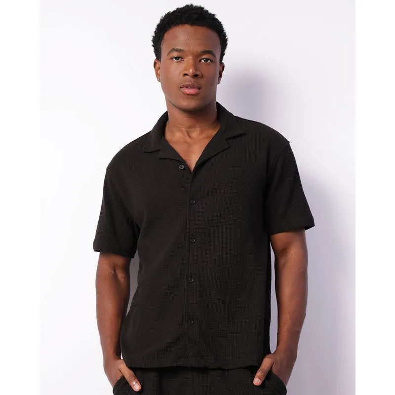 Camisa Masculina Manga Curta Texturizada Com Botões Preta GG