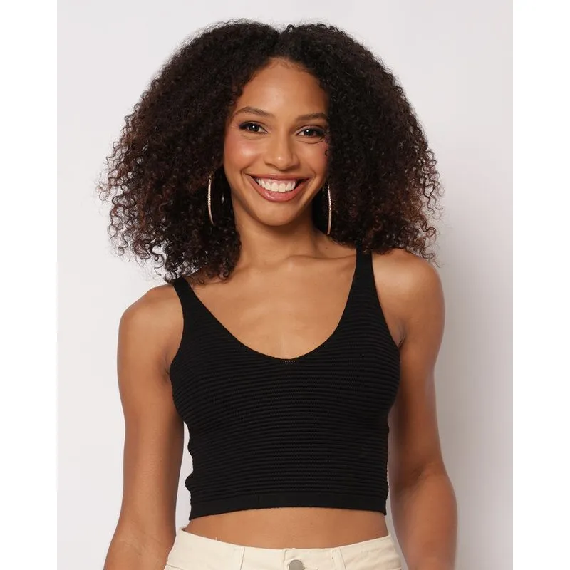 Regata Feminina Cropped Tricô Canelada Preta GG