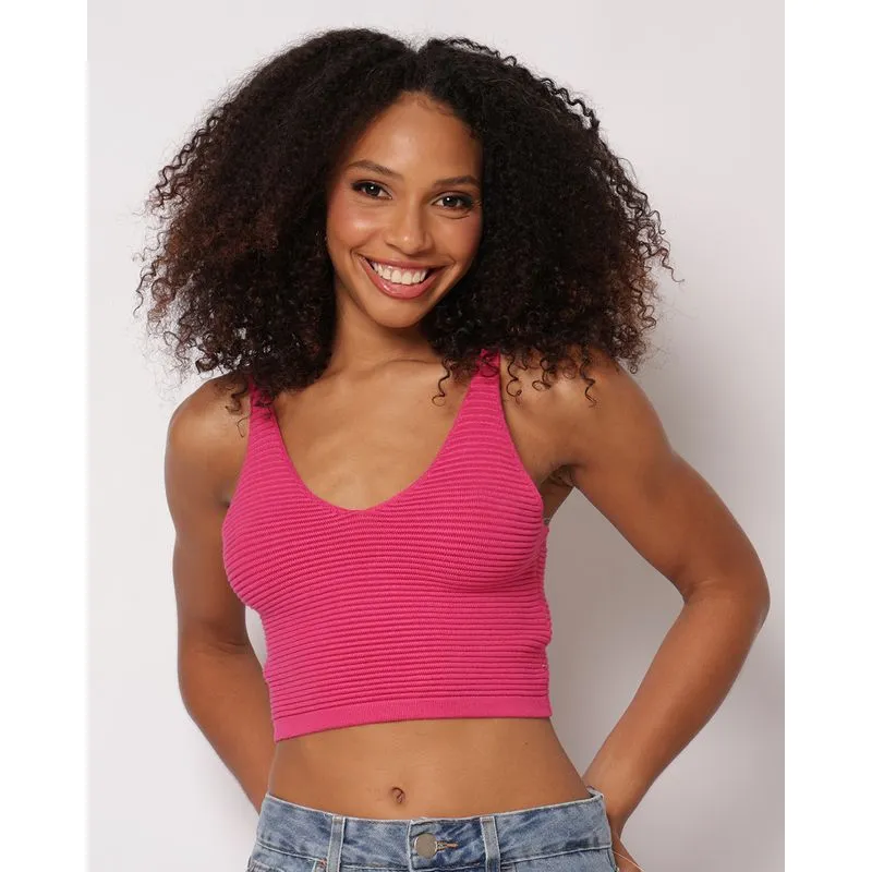Regata Feminina Cropped Tricô Canelada Rosa G